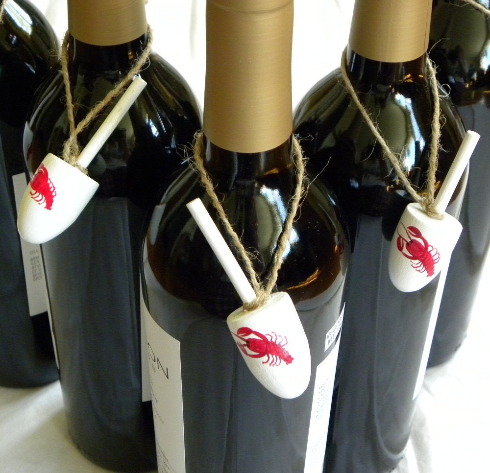 lobster buoys wedding favors decorations nautical wine bottle charms set of 3  hand painted by Maine Artist Beth Doan