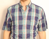 mens short sleeve shirt -- blue and green plaid