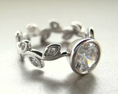 White sapphire Engagement ring.  Leaf engagement  ring.