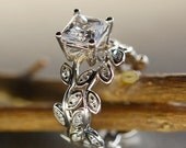 Princess cut moissanite. Leaf engagement ring set.  14k gold wedding set.