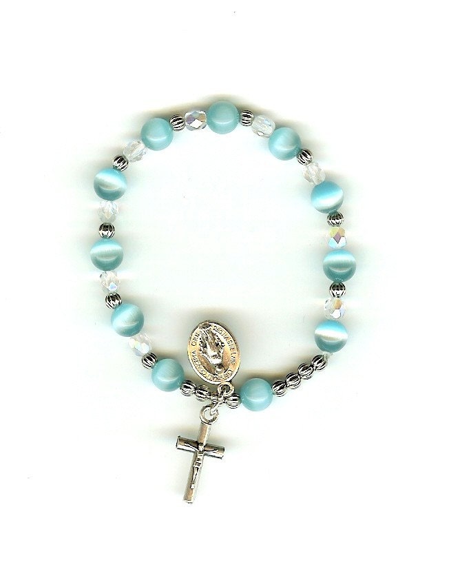 First Communion Rosary Bracelet, Stretch in Cat's Eye and Clear Crystals