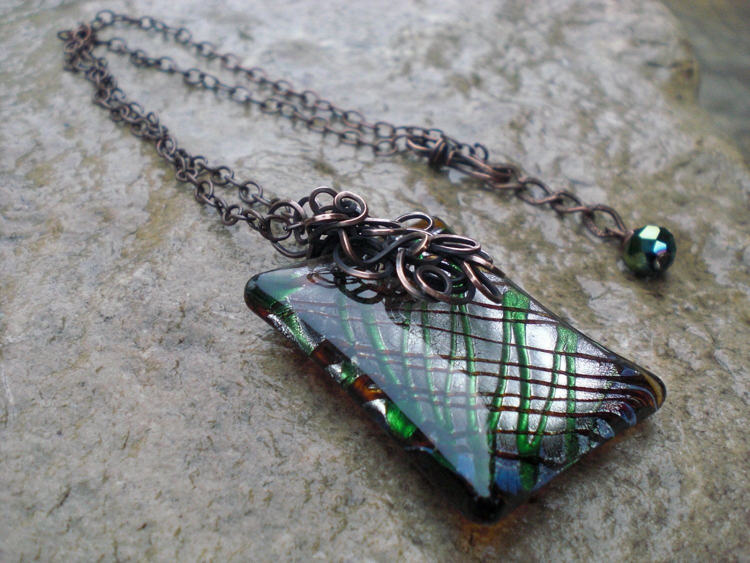 Green and Brown Wire Wrapped Murano Glass Copper Pendant