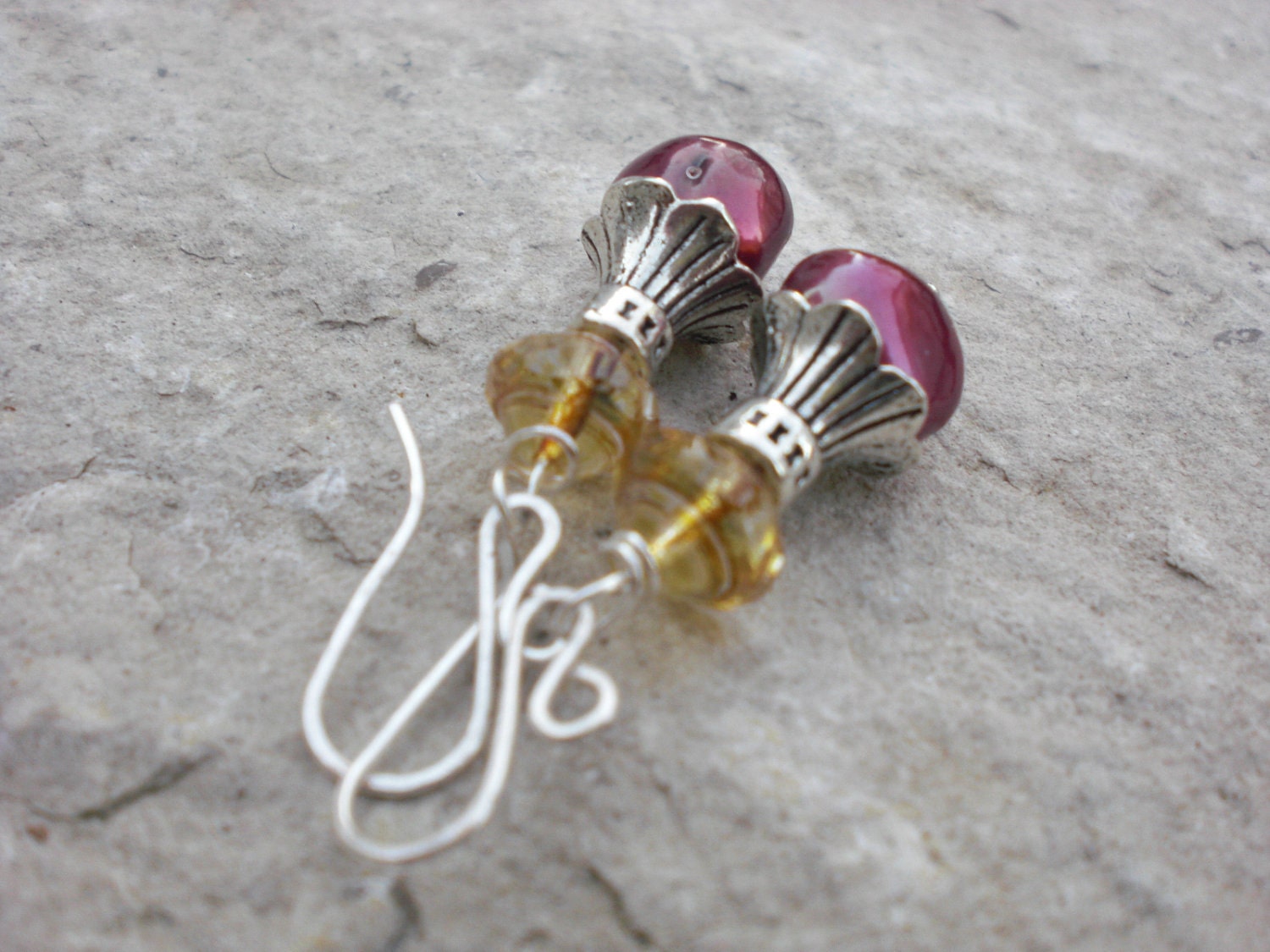 Raspberry Pearl and Lemon Yellow Crystal Earrings