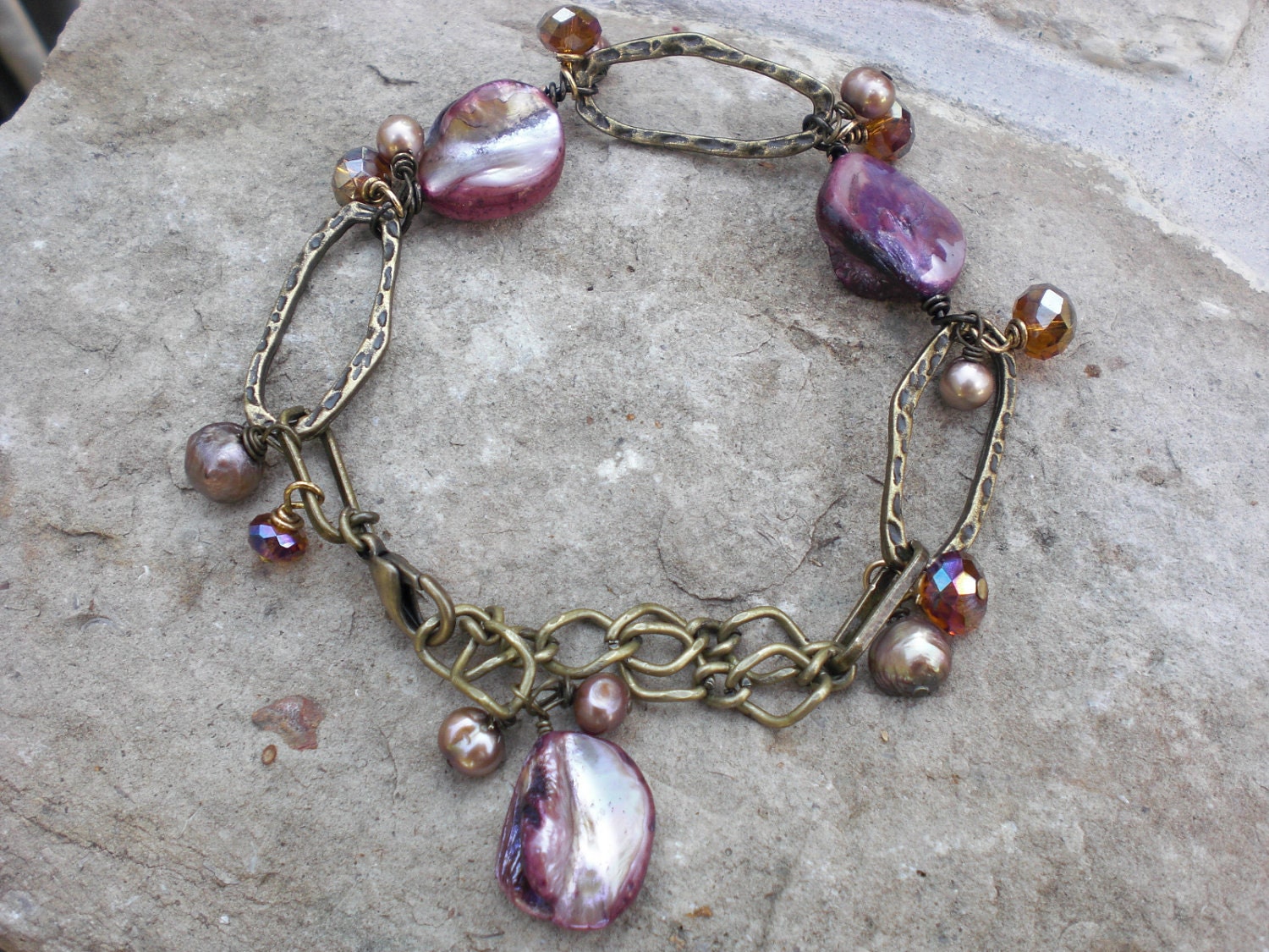 Antique Brass and Lavender Shell Bracelet