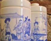 Belgian White Glass Asian Motif Jars with Lids- Set of 2