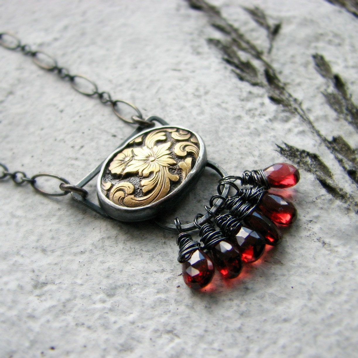 sterling silver necklace gemstone metalwork wire wrapped garnet and vintage brass mixed metal bohemian romantic - Femme Fatale