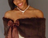 Brown faux fur shawl shrug stole bridal wedding wrap /satin tie closure