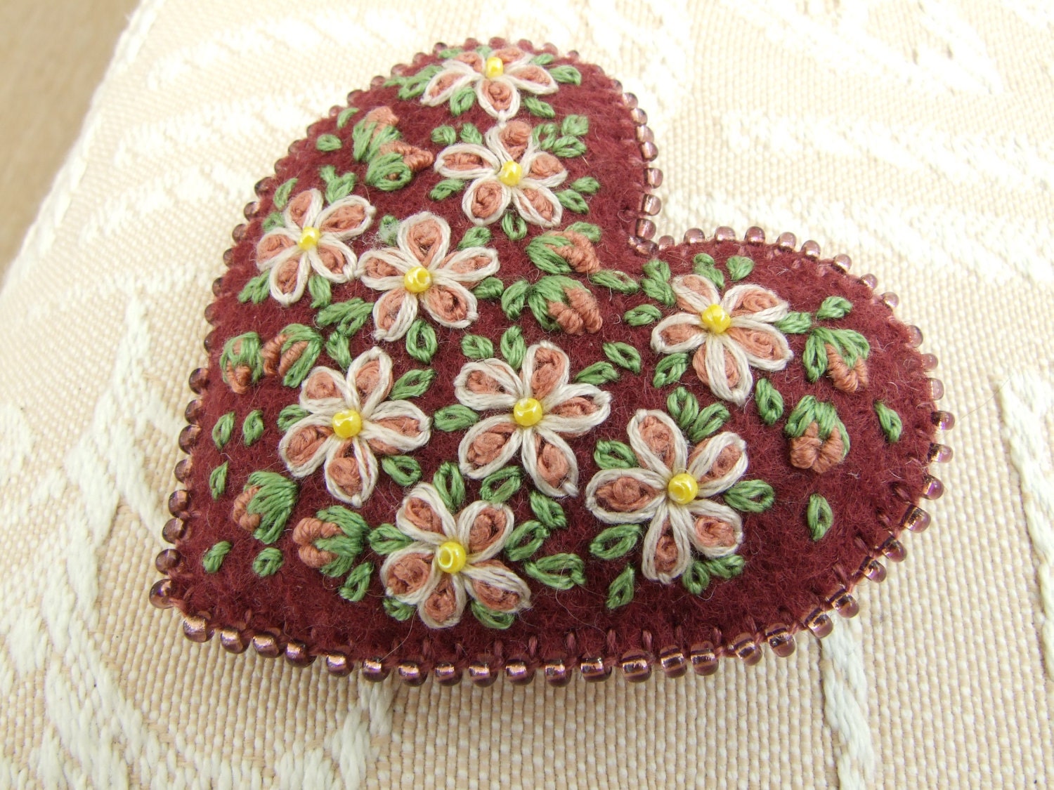 Deep Pink Felt Hand Embroidered Heart Pin