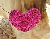 Pink Bead and Sequin Heart Shaped Pendant on a Wire Choker