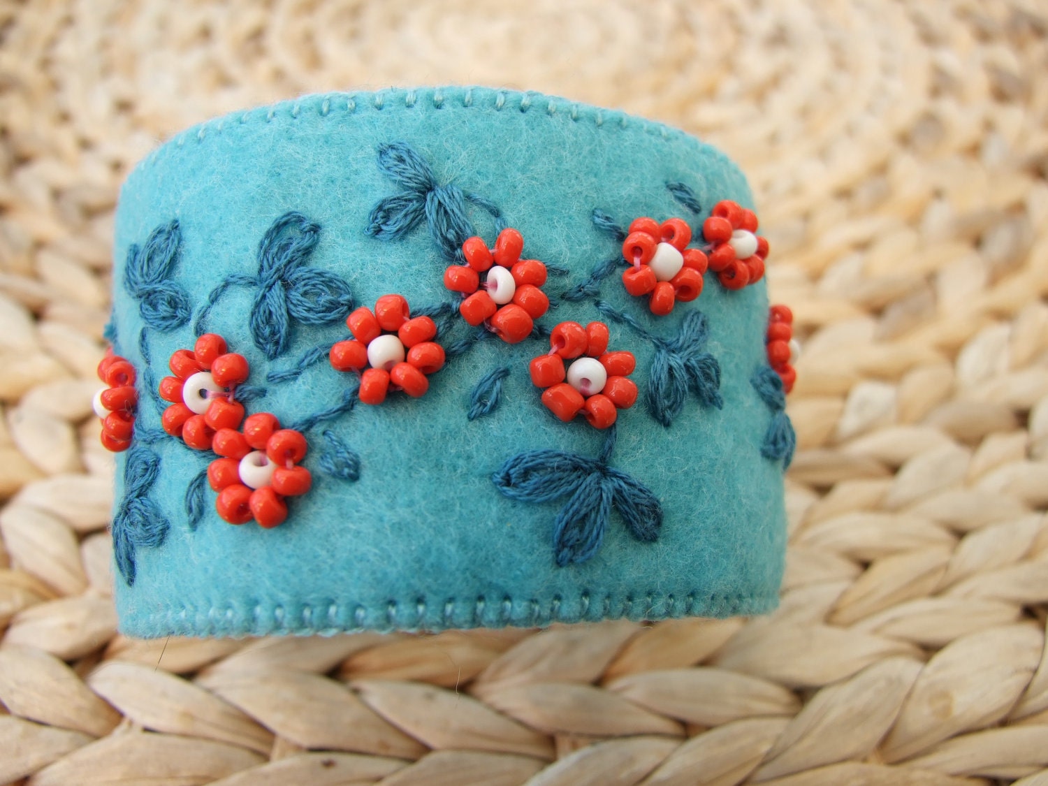 Turquoise Felt Hand Embroidered Cuff Bracelet