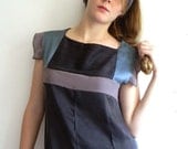 Black, Peacock blue and Violet gray Geometric Vintage inspired Silk Dress
