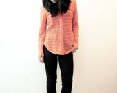 80s New Wave Neon Coral Orange Floral Lace Button Down Oxford Shirt
