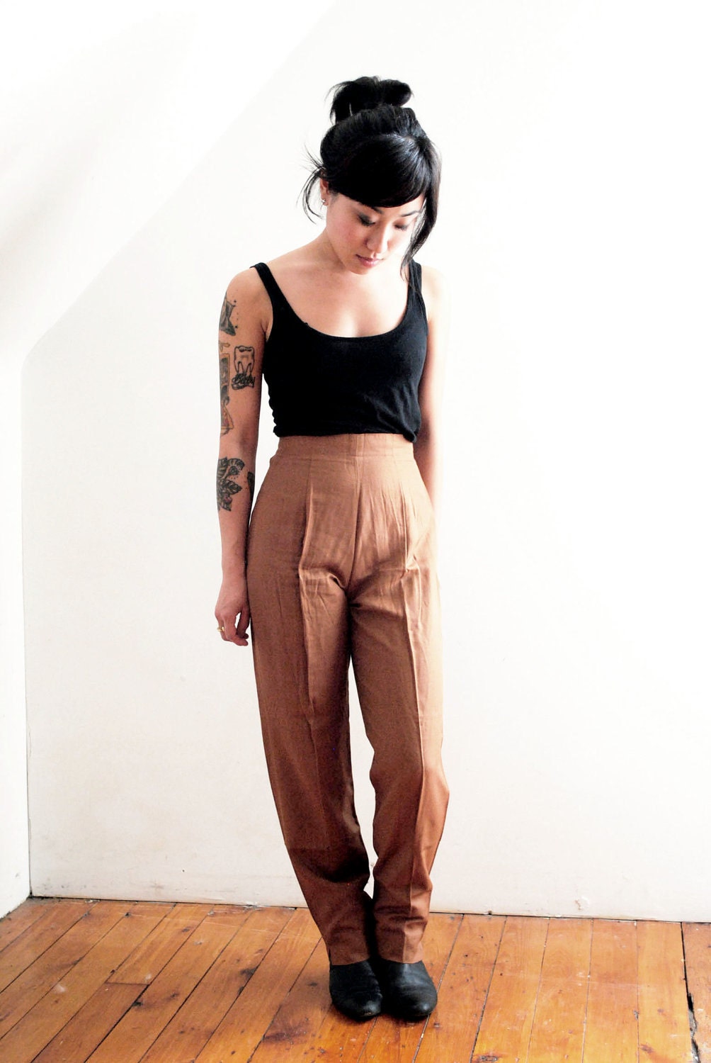 RESERVED for Reign. 80s Classy Copper Caramel High Waist Drapey Pleated Pants Slacks Trousers. Soft Rayon And Silk.