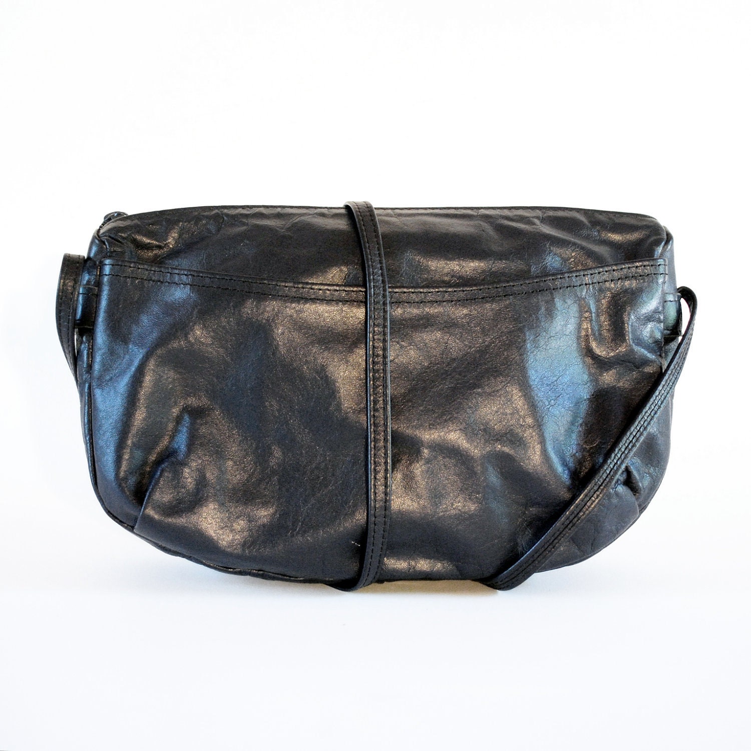 Soft Dark Charcoal Navy Blue Leather Basic Cross Body Bag