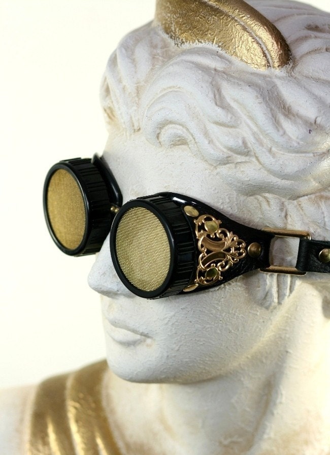 STEAMPUNK Black Leather and Brass Gothic Goggles