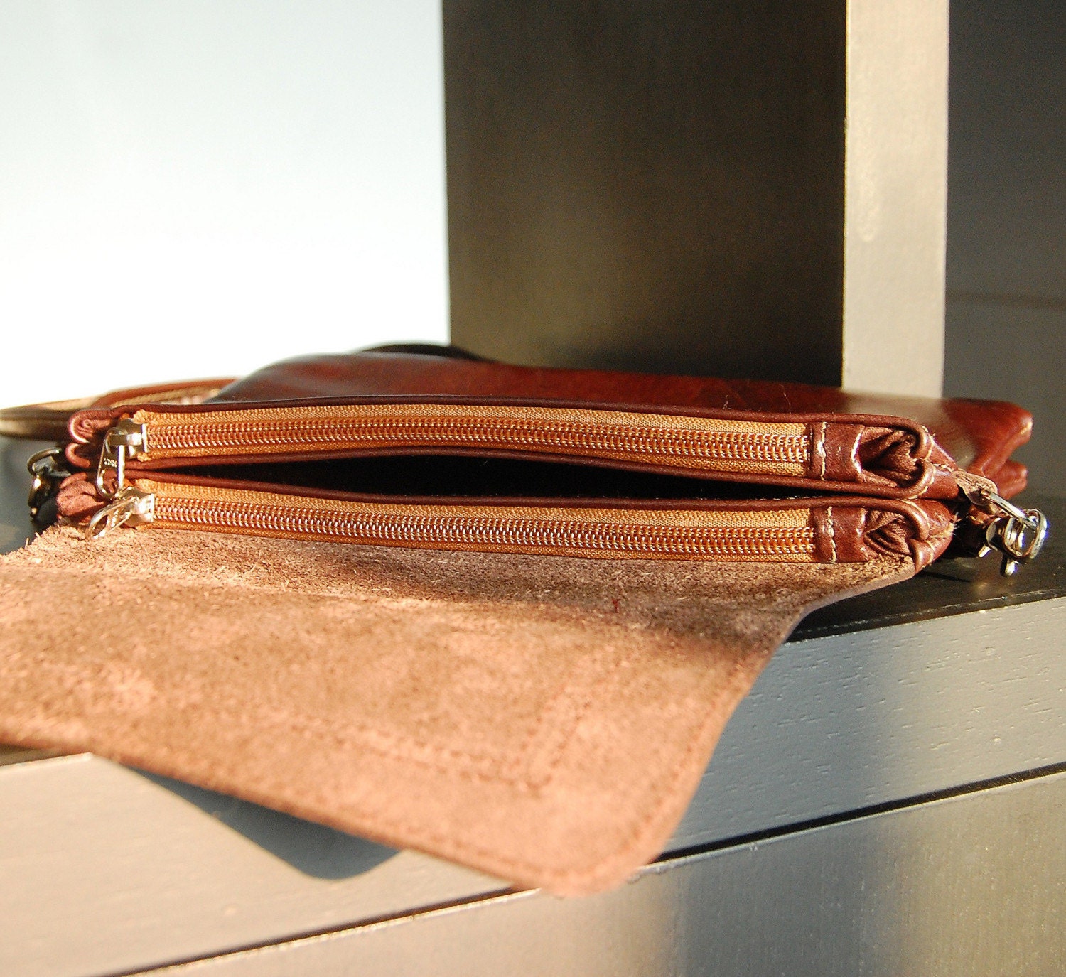 Burgundy Brown Leather Clutch with Tribal Embroidery LAST ONE