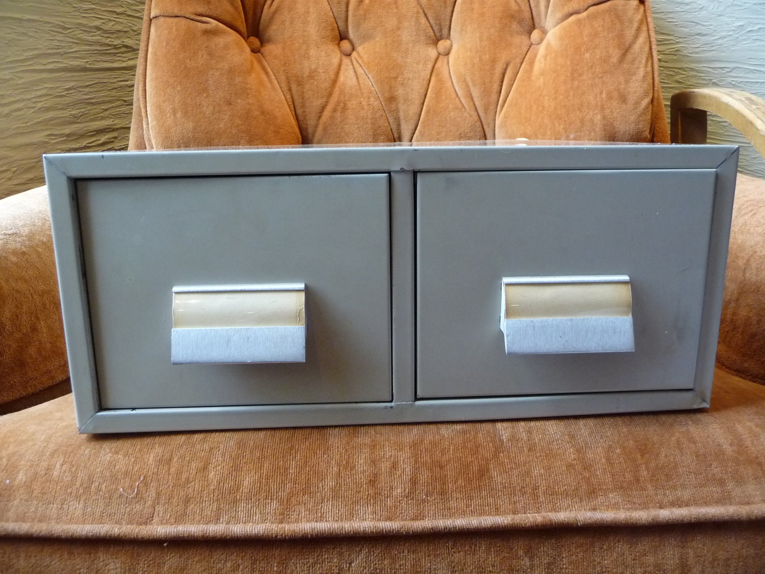 Vintage File Drawer Vintage Metal Card File Drawers Two Drawer Cabinet Home Decor Office Card File Beige Industrial Metal Unique Storage