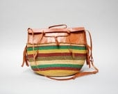 vintage sisal and leather bag. woven market tote