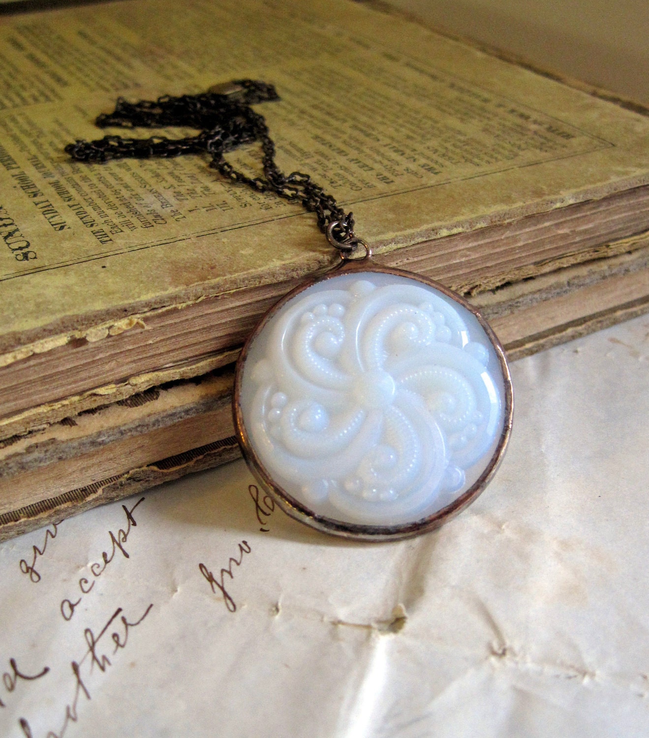 White Swirl Glass Medallion Necklace Vintage Inspired