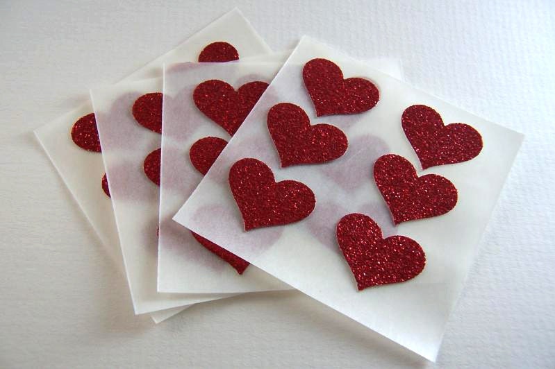 envelope seals - small red hot glitter heart stickers - set of 24