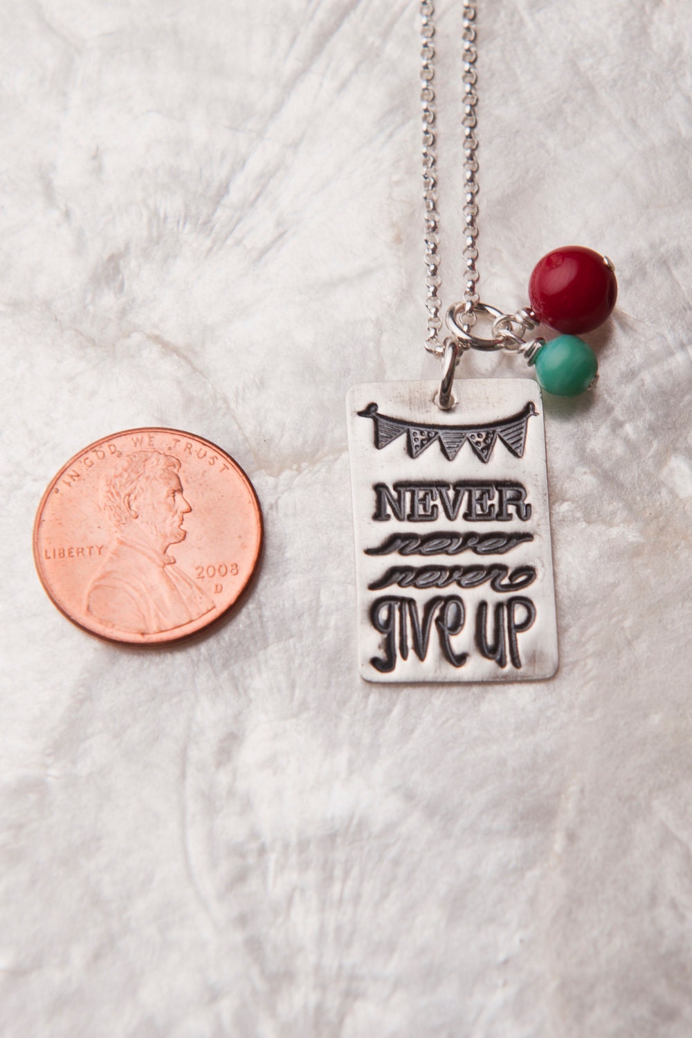Never Never Never Give Up Necklace, Encouragement Necklace, Winston Churchill Quote, Bunting Necklace, Adoption Gifts, Bridesmaid Gifts