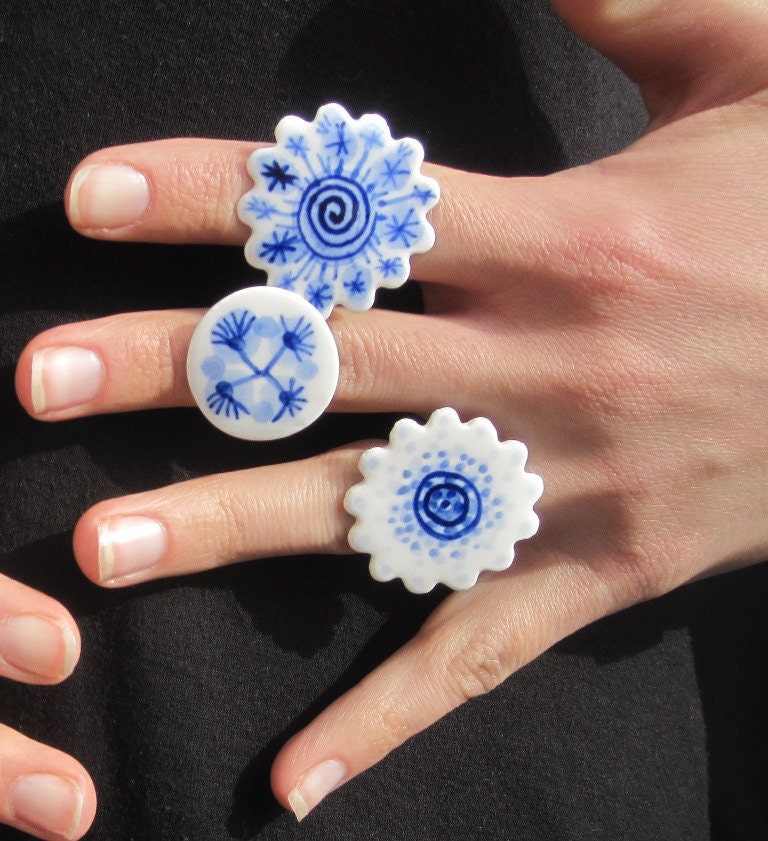 Porcelain Cocktail Ring - Hand formed and hand painted  Blue Delft