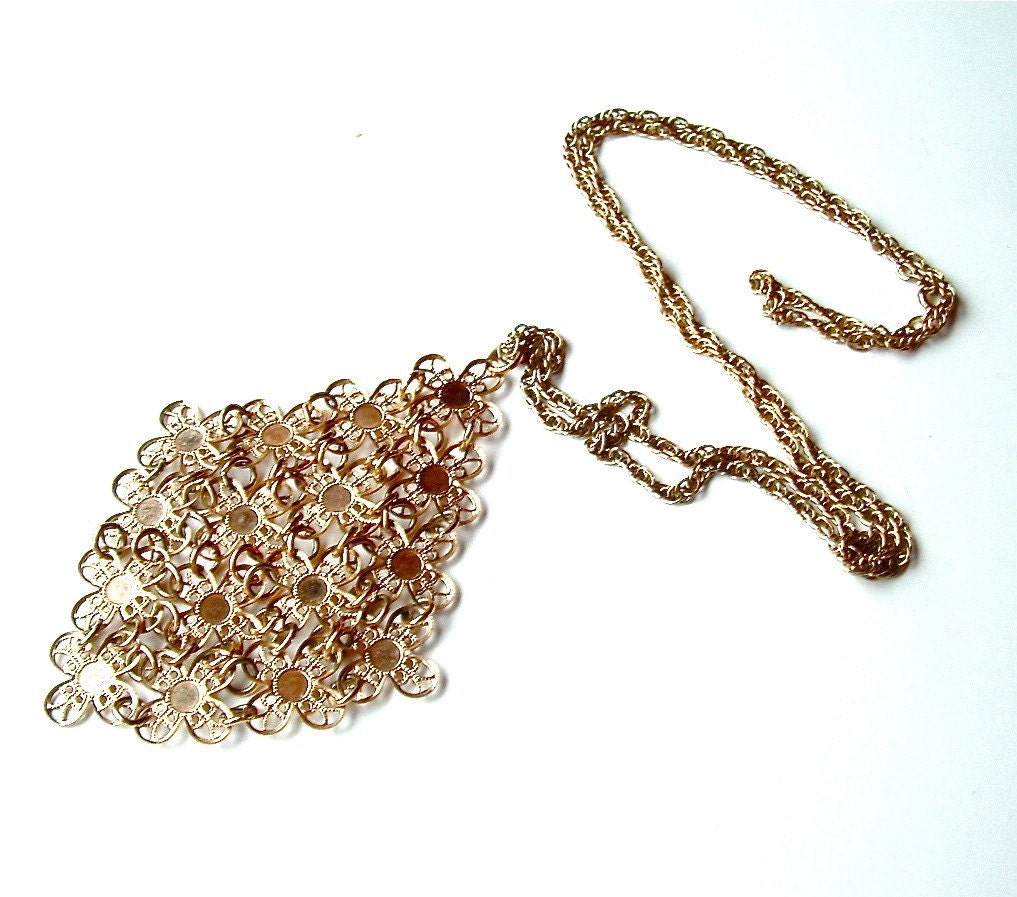 Long Necklace Mesh Necklace Gold Tone Metal Lace Long Chain, Free US Shipping