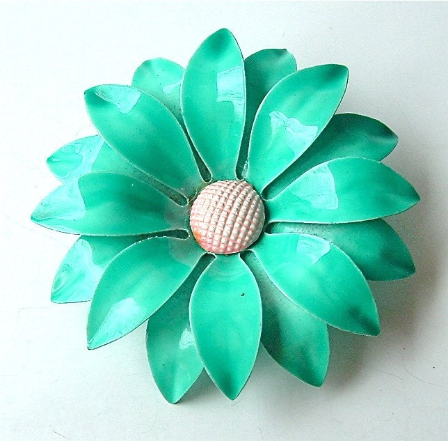 Vintage Bloom Brooch Aqua Turquoise Daisy Double Layered Flower Blossom Brooch ((Free Shipping USA))