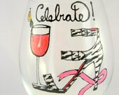 CELEBRATE - Hand Painted Personalized Wine Glass - Zebra Print Shoe