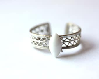 Silver and White Woven Ring