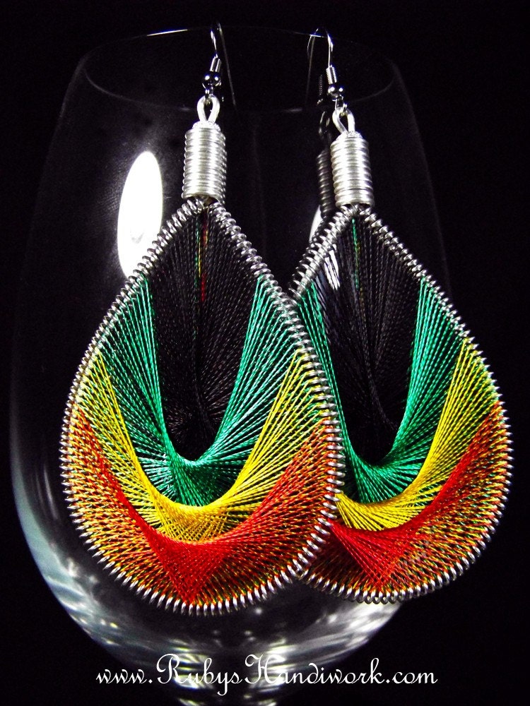 Handmade Thread Earrings, String Art, Rasta Earrings, Rastafarian, Jewelry, RubysHandiwork.com