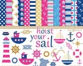 Nautical clipart and digital papers pack in hot pink and navy Hoist Your Sail DK018 instant download