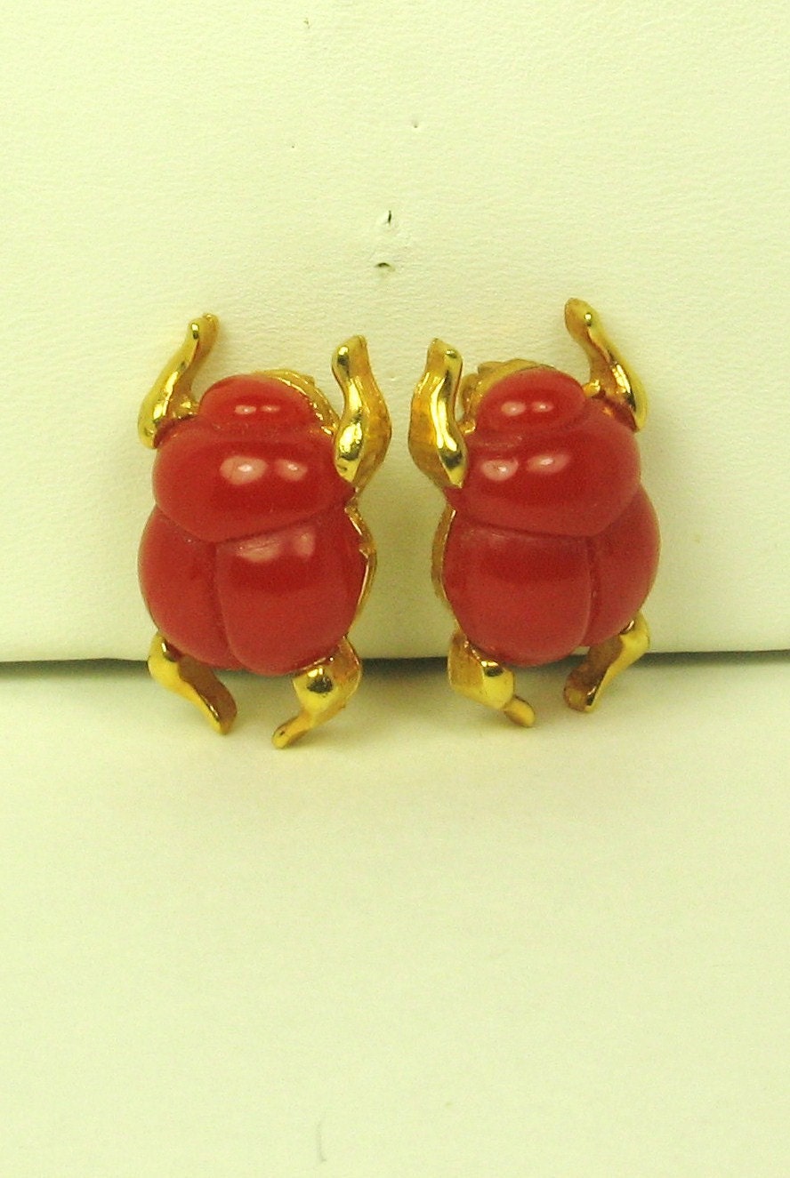 Two Vintage Hattie Carnegie Coral Lucite Scarab Pins