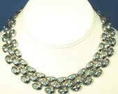 Vintage Silver Metal and Aquamarine Rhinestone Necklace