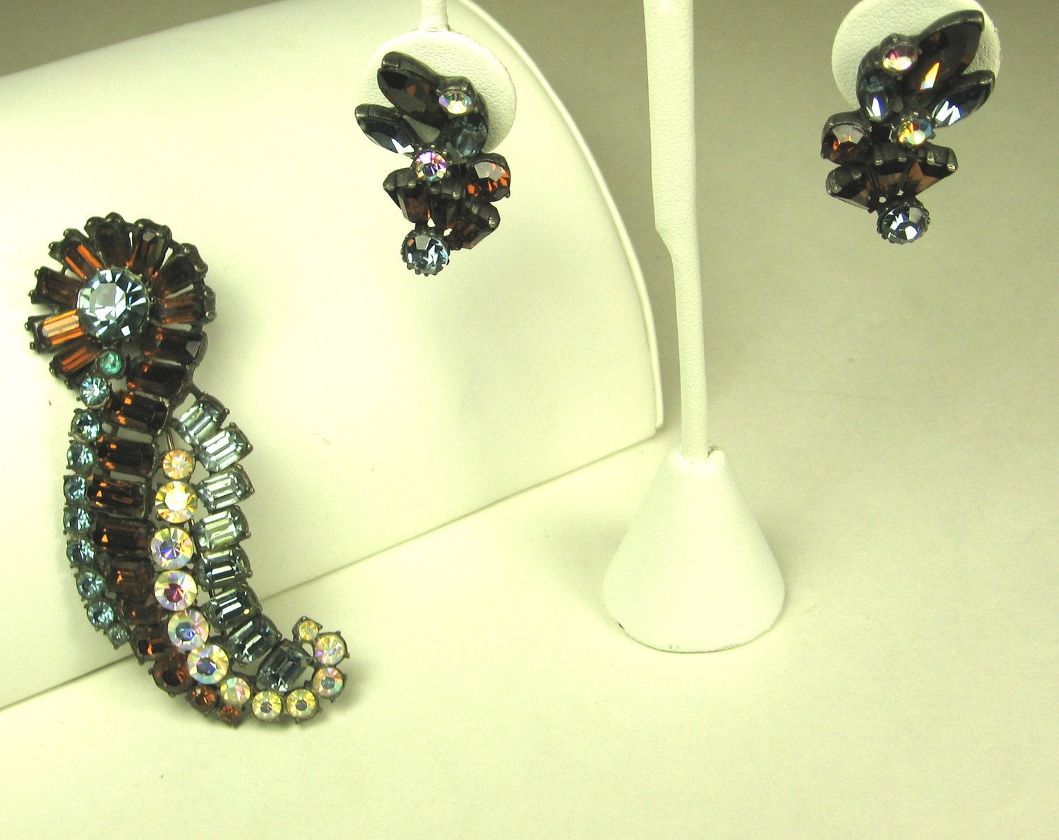Rare Claudette Amber and Light Blue Glass Pin and Earrings
