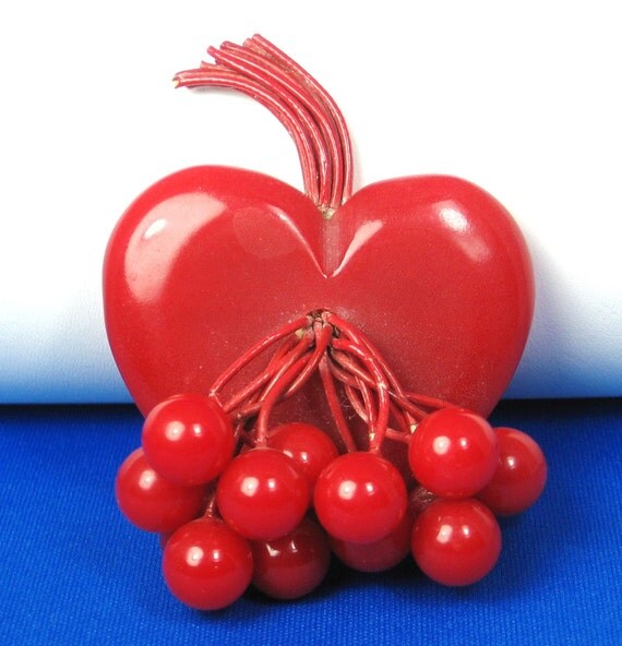 Vintage Red Bakelite Heart Pin with 14 Red Cherries