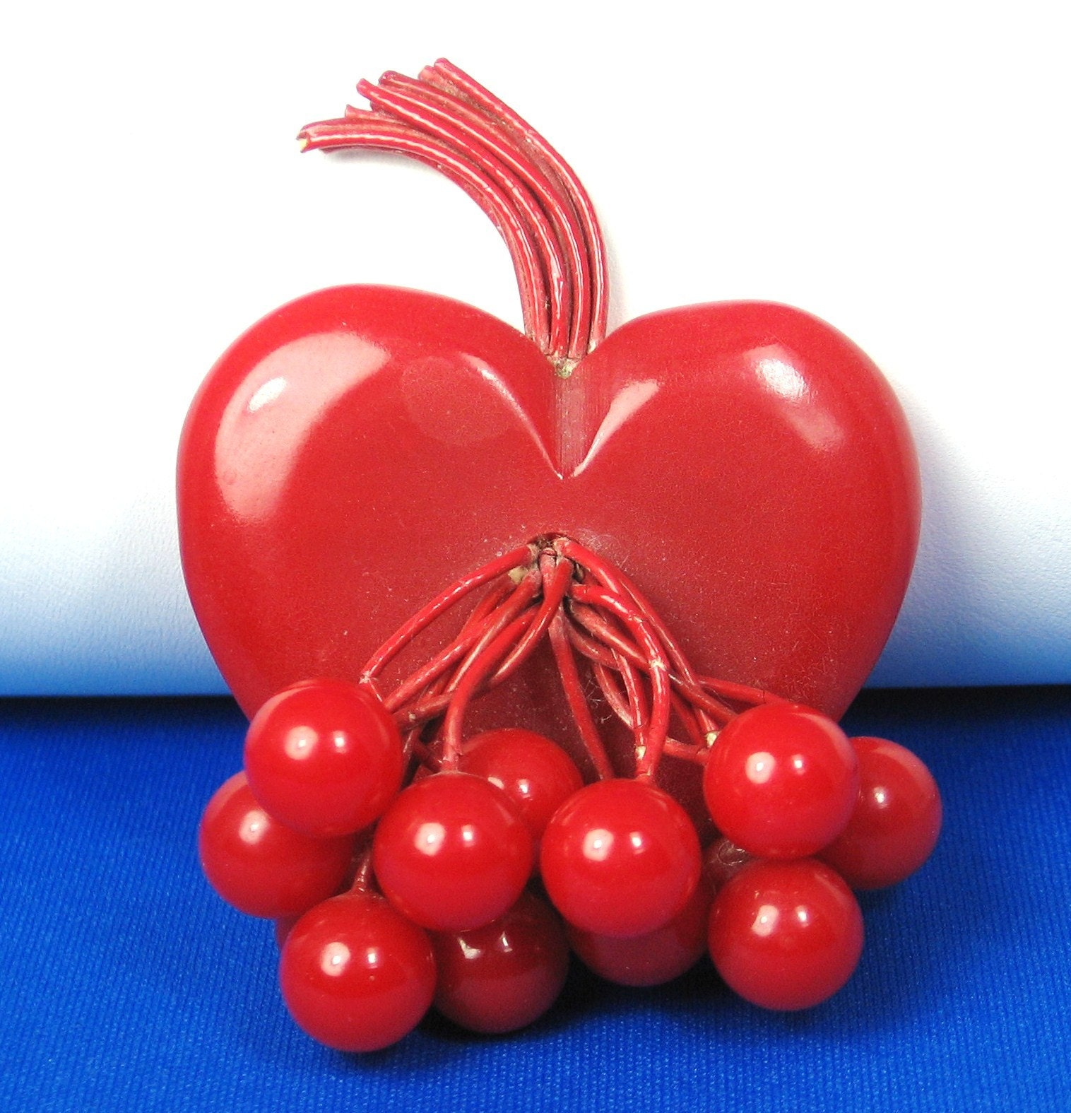 Vintage Red Bakelite Heart Pin with 14 Red Cherries