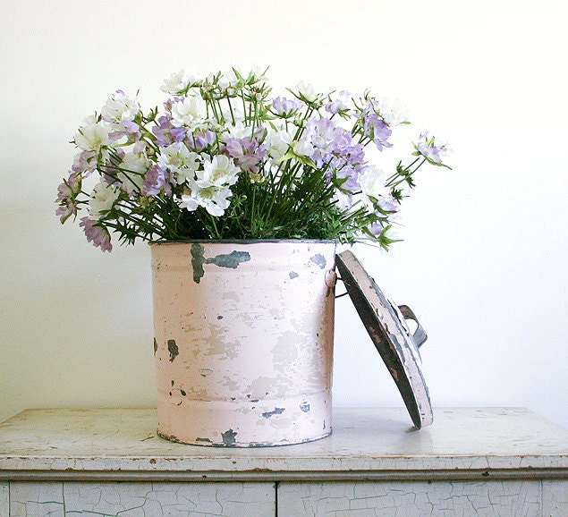 ON SALE - Vintage Metal Bucket with Lid - Chippy Pink Paint