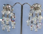 Vintage Crystal Earrings Aurora Borealis Cascade Dangle Clip
