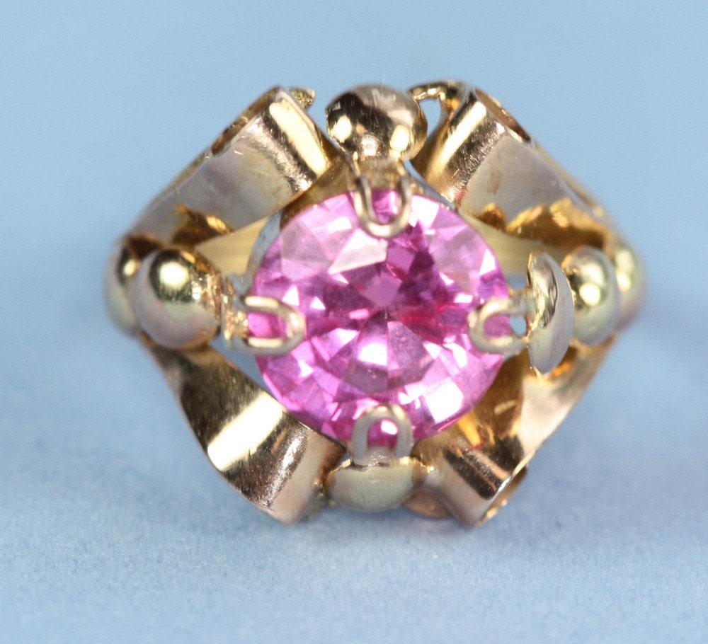 ART DECO/RETRO MODERNE 14K Gold and Pink Synthetic Spinel Ring
