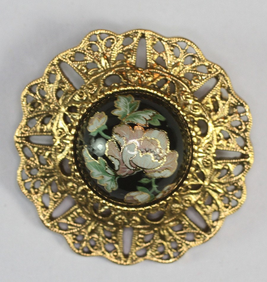 Vintage Filigree Brooch Cloisonne' Enamel with Pink Flowers