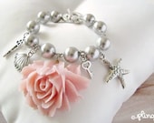 sea princess charm bracelet. swarovski silver pearls with big blush pink rose