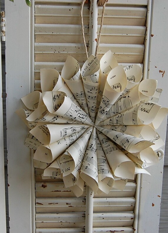 Vintage Paper Sheet Music Cone  Wreath with Stamped  Clotehspin