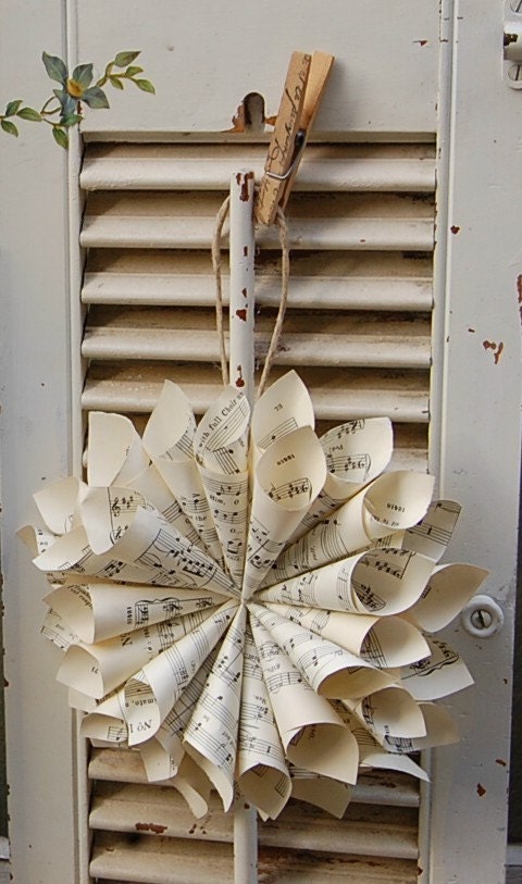 Vintage Paper Sheet Music Cone  Wreath with Stamped  Clotehspin