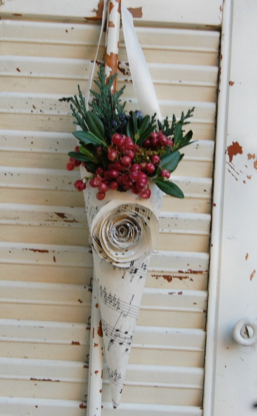 Holiday Paper Cone with Preserved Greens and Berries