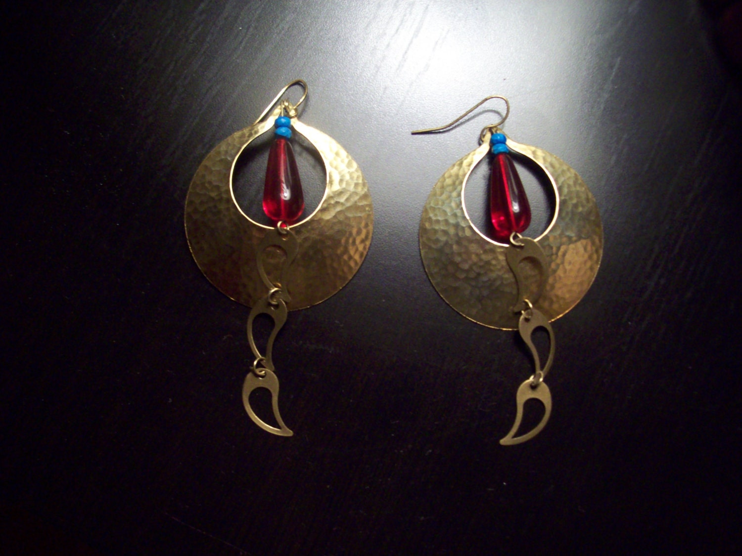 Hammered Brass Earrings w/red accent bead