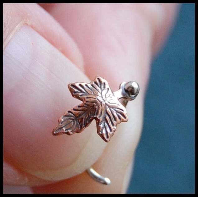 A New Leaf Sterling Silver and Copper Nose Stud  - L or Screw End