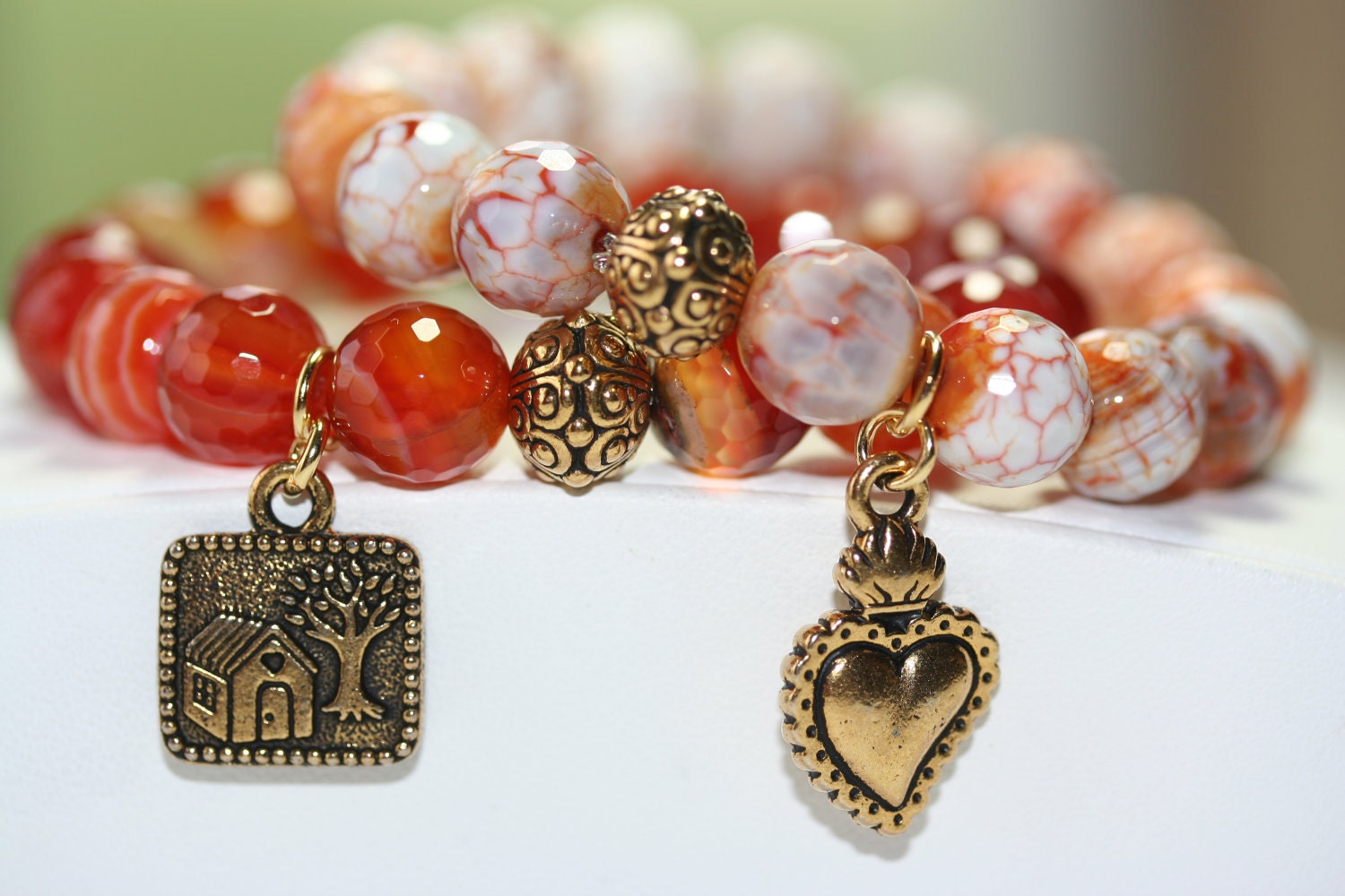 Faceted Carnelian Orange Agate and Faceted Tangerine White Fire Agate Gemstone Bracelets - Set of 2