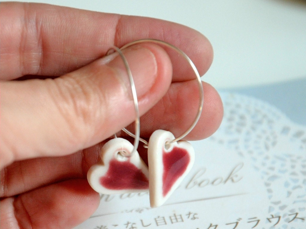 Red Hearts Earrings - Sterling Silver Hoops, Porcelain Clay Crimson Hearts - Last pair