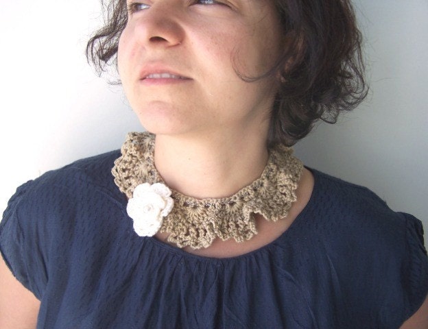 Collar Necklace  - Spring Fashion Jewelry Beige  Hand Crochet necklace with Brooch, Bamboo necklace